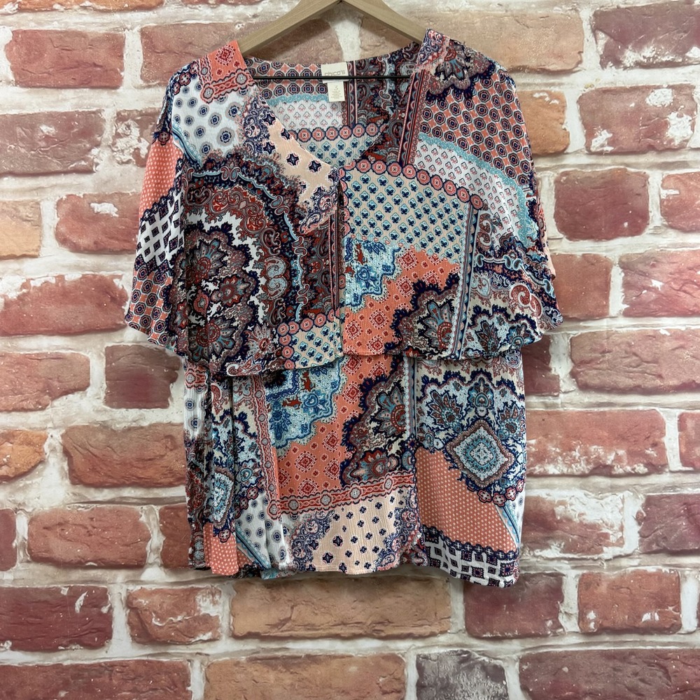 Chico's Top Women's XL Multicolor Boho Patchwork Abstract Tiered Casual Shirt